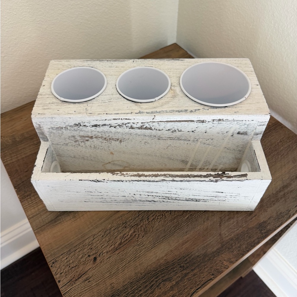 White Rustic Wooden Bath Countertop Organizer with 3 Holders